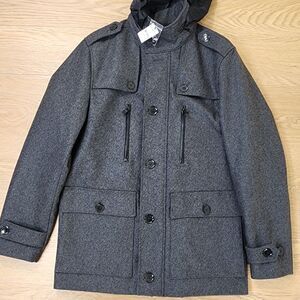 Express Pea Coat Mens Medium Gray Wool Blend Warm Button Lined Winter Jacket NEW